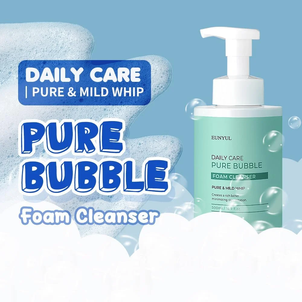 فوم پاک کننده صورت ایون یول مدل Daily Care Pure Bubble حجم 500 میلی لیتر، مراقبت پوست کره ای، فوم با PH 5.5 با پمپ، فوم پاک کننده بزرگ برای پاکسازی عمیق و آبرسانی بعد از شستشوی صورت