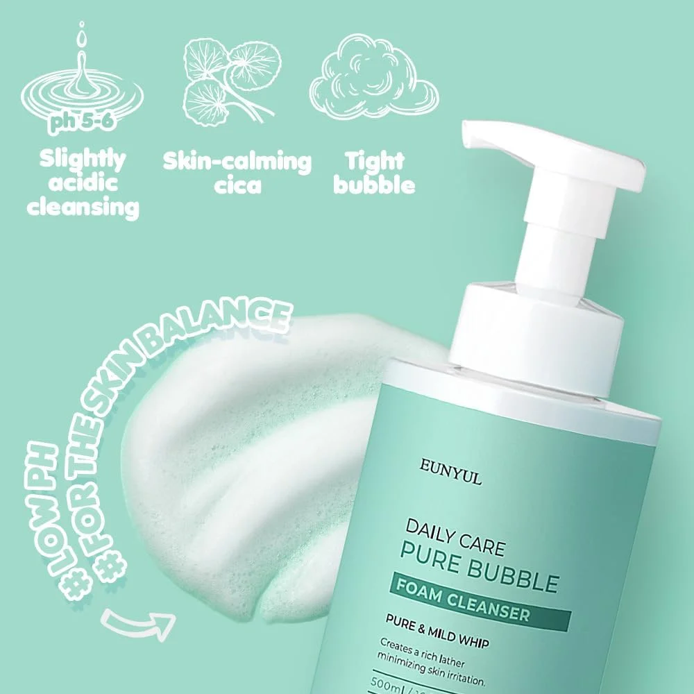 فوم پاک کننده صورت ایون یول مدل Daily Care Pure Bubble حجم 500 میلی لیتر، مراقبت پوست کره ای، فوم با PH 5.5 با پمپ، فوم پاک کننده بزرگ برای پاکسازی عمیق و آبرسانی بعد از شستشوی صورت