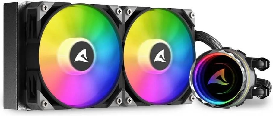 خنک کننده مایع پردازنده Sharkoon S80 RGB 240mm AIO، فن های PWM RGB آدرس پذیر 120mm، سرعت فن 600 ~ 2000 دور در دقیقه، جریان هوای 77.7 CFM، 12x LED RGB آدرس پذیر، LGA 1700 / AM5، مشکی | 4044951038008