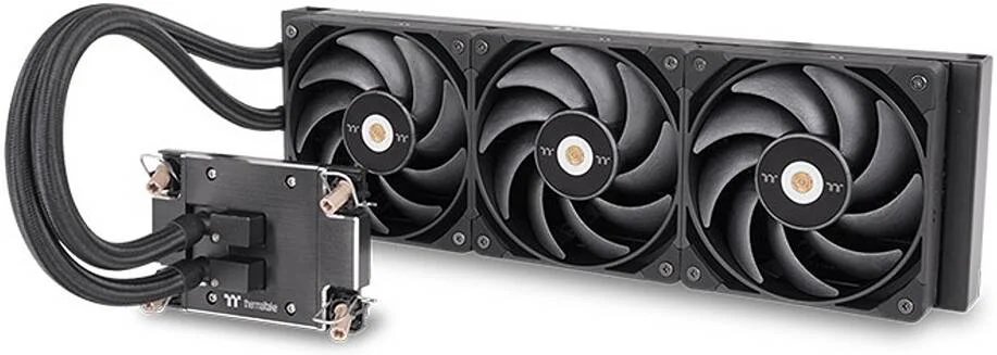خنک کننده مایع پردازنده Thermaltake AW420 AIO، رادیاتور 420 میلی متری، 3 عدد فن TOUGHFAN 14 Pro، سرعت فن 2000 دور در دقیقه، جریان هوای فن 119.6 CFM، بلوک آب مسی، لوله لاستیکی، مشکی | CL-W445-PL14BL-A