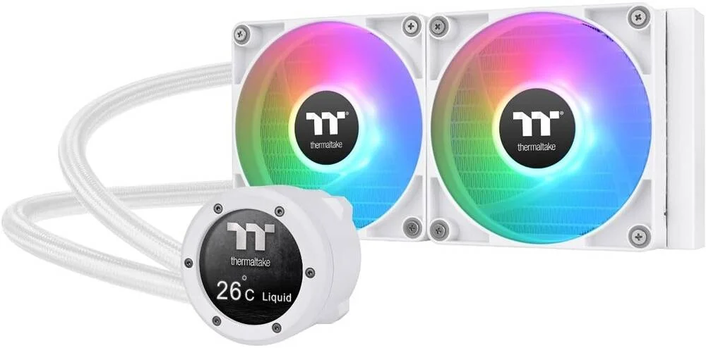 خنک کننده مایع پردازنده Thermaltake TH240 V2 Ultra ARGB Sync/AlO، فن ARGB 120 * 2 PWM با سرعت 500 تا 1500 دور در دقیقه، جریان هوای 57.05 CFM، واتر بلاک با صفحه نمایش LCD 2.1 اینچی، سفید | CL-W404-PL12SW-A