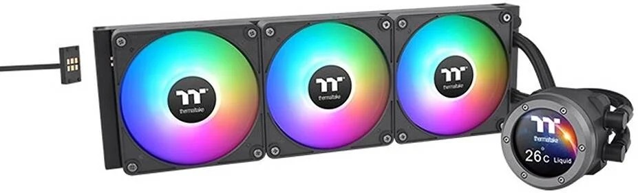 خنک کننده مایع همه کاره Thermaltake TH420 V2 Ultra EX ARGB Sync، دارای 3 فن CT140 EX aRGB Sync، صفحه نمایش 2.1 اینچی TFT LCD، سرعت فن 1800 دور در دقیقه، جریان هوای 90.3 CFM، مشکی | CL-W417-PL14SW-A