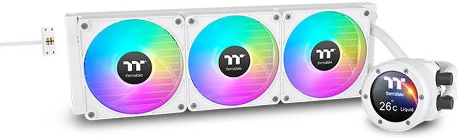 خنک کننده مایع همه کاره Thermaltake TH420 V2 Ultra EX ARGB Sync، دارای 3 فن CT140 EX aRGB Sync، صفحه نمایش 2.1 اینچی TFT LCD، سرعت فن 1800 دور در دقیقه، جریان هوای 90.3 CFM، سفید برفی | CL-W428-PL14SW-A
