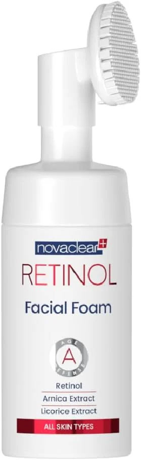 فوم شستشوی صورت نوواکلیر رتینول – شستشوی صورت ضد پیری با رتینول، عصاره آرنیکا و شیرین بیان – برس سیلیکونی برای پاکسازی عمیق، لایه برداری و میکروسیرکولاسیون – مناسب پوست بالغ – 100 میلی لیتر
