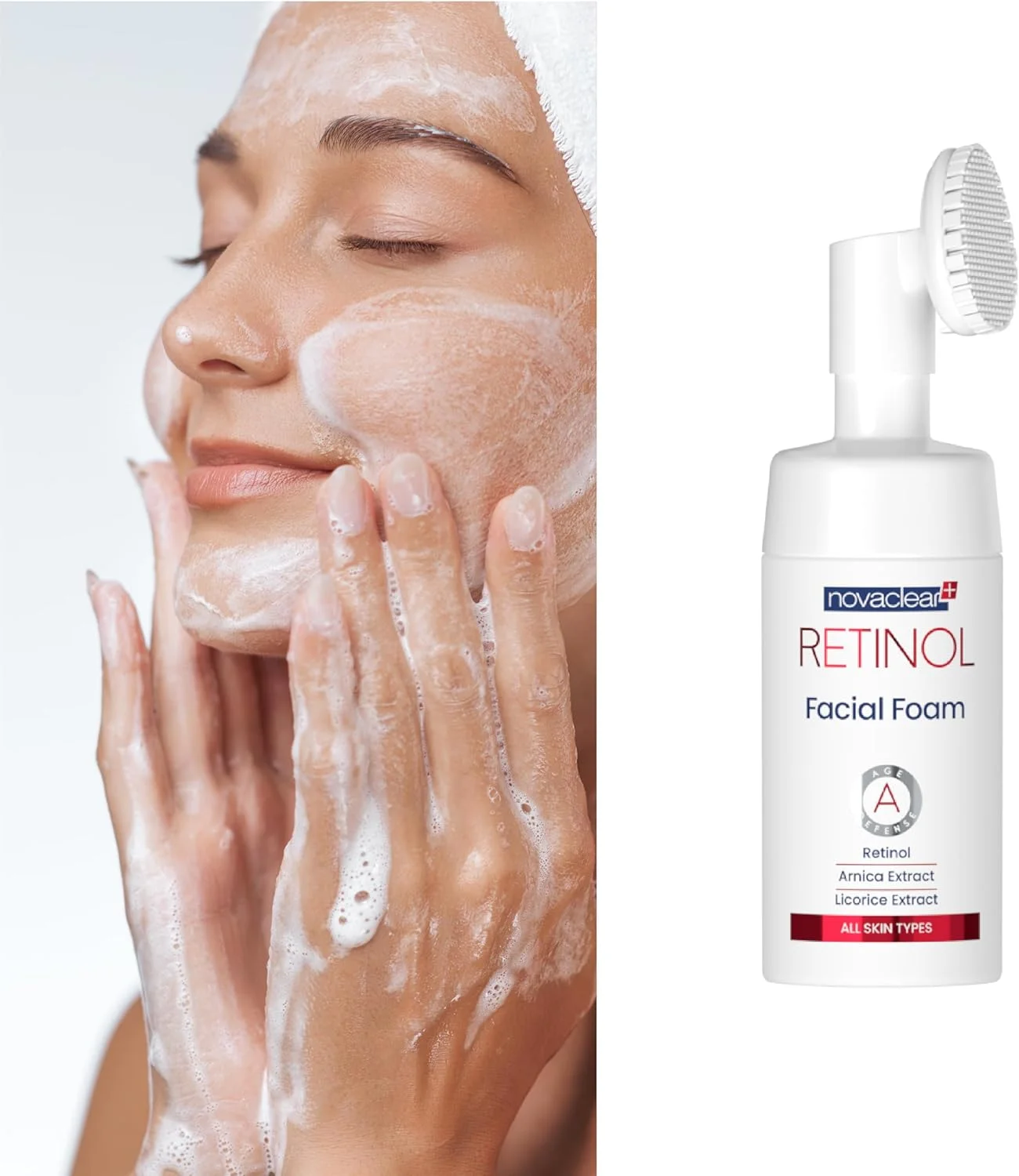 فوم شستشوی صورت نوواکلیر رتینول – شستشوی صورت ضد پیری با رتینول، عصاره آرنیکا و شیرین بیان – برس سیلیکونی برای پاکسازی عمیق، لایه برداری و میکروسیرکولاسیون – مناسب پوست بالغ – 100 میلی لیتر