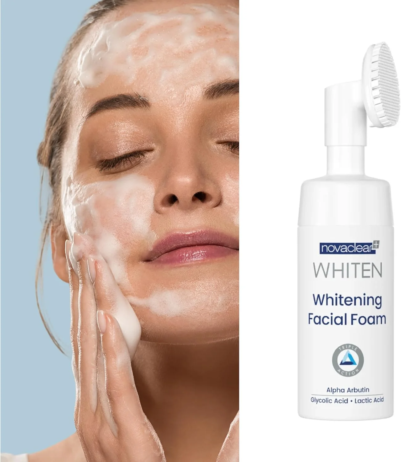 فوم شستشوی صورت روشن کننده نوواکلیر – فوم شستشوی صورت با برس سیلیکونی حاوی آلفا آربوتین، گلیکولیک اسید و لاکتیک اسید – فوم پاک کننده عمیق، لایه بردار و روشن کننده برای لک های تیره و رنگ ناهموار پوست 100 میلی لیتر