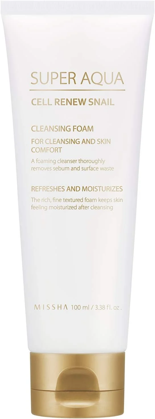 فوم پاک کننده صورت میشا مدل Super Aqua Cell Renew Snail حجم 100 میلی لیتر - حاوی عصاره مخاط حلزون و عصاره سلول های بنیادی گیاهی برای جلوگیری و ترمیم آسیب های پوستی ضمن پاکسازی سبوم و آلودگی های سطحی.