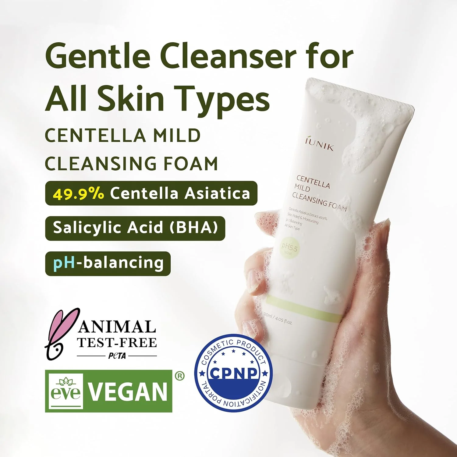 فوم پاک کننده ملایم صورت سنتلا ایونیک، 120 میلی لیتر. حاوی 49% عصاره سنتلا آسیاتیکا، تسکین دهنده پوست، مرطوب کننده، متعادل کننده PH، فوم غنی بدون ایجاد خشکی، مناسب پوست های چرب، خشک، حساس و مستعد جوش، وگان