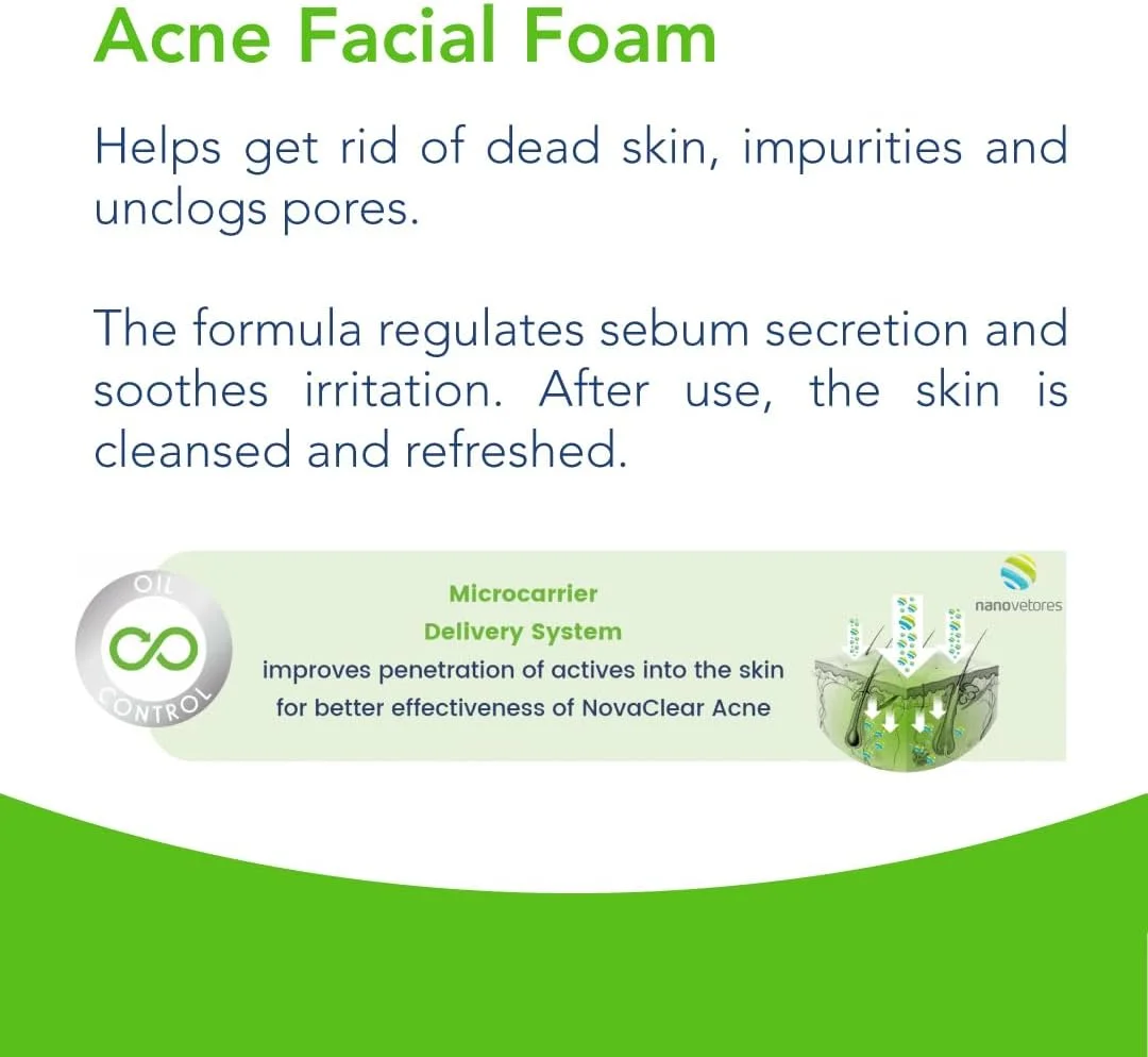 فوم شستشوی صورت نوواکلیر آکنه – شستشوی صورت با روغن درخت چای، آلوئه ورا و کمپلکس کنترل چربی برای پوست های چرب و مستعد آکنه 100 میلی لیتر