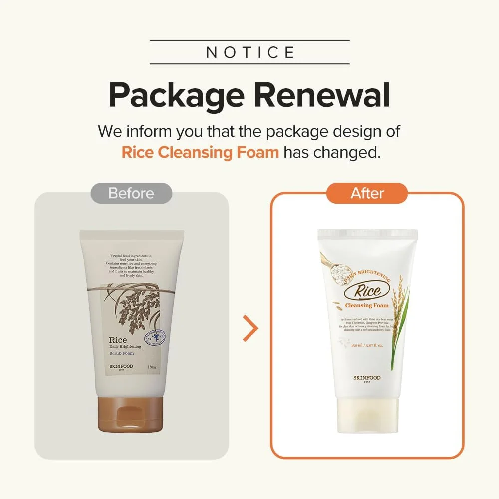 فوم پاک کننده روزانه روشن کننده برنج SKIN FOOD از سال 1957، 150 میلی لیتر - پاکسازی ملایم با مواد برنج تخمیر شده، فوم پاک کننده صورت سفت کننده، روشن کننده و شفاف کننده پوست