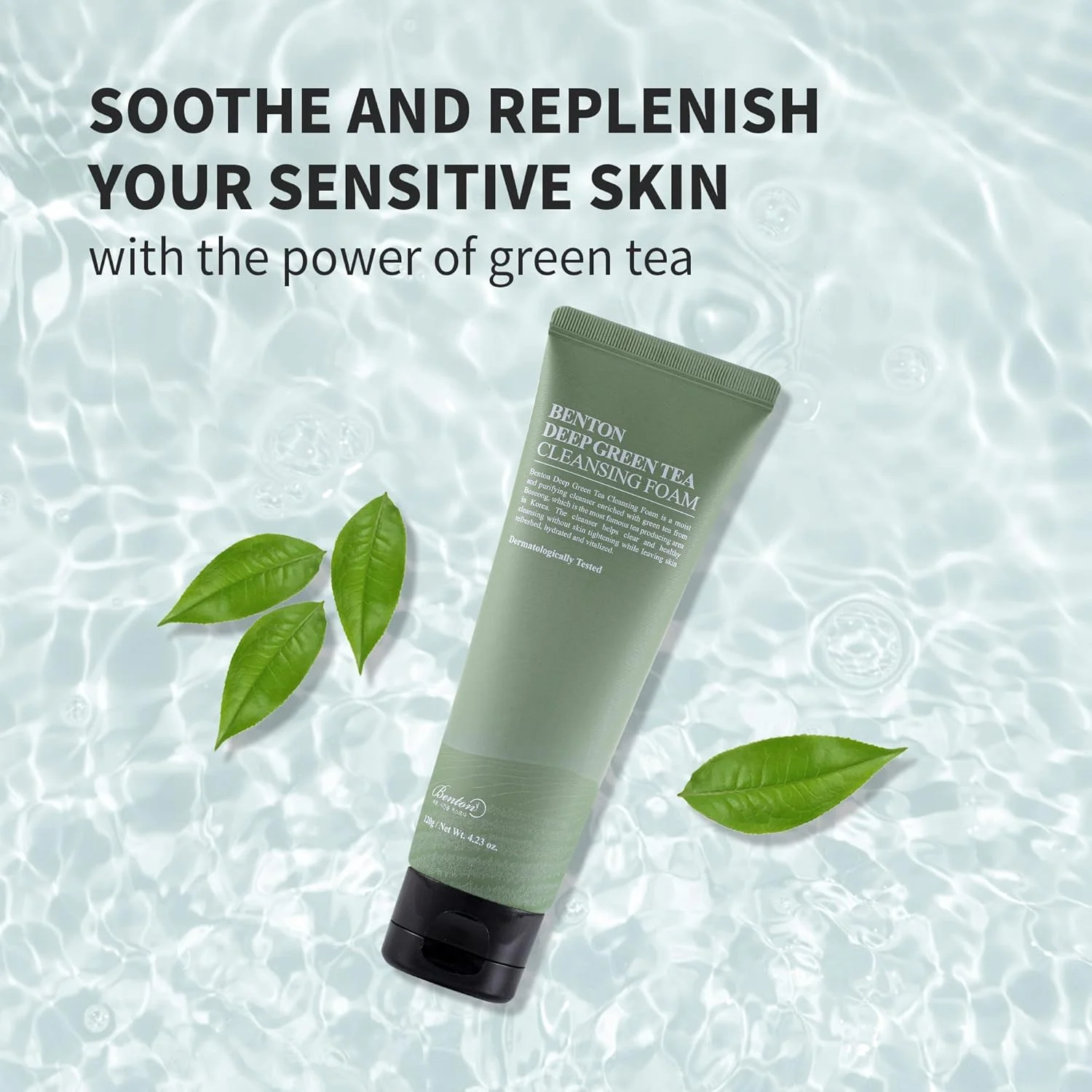 فوم پاک کننده چای سبز عمیق بنتون 120 گرم (4.23 اونس)، پاک کننده فوم صورت برای پوست های چرب و حساس، با پایانی صاف و بدون تحریک