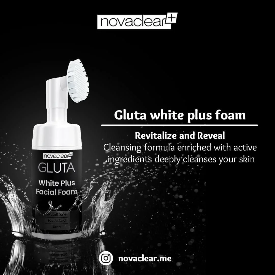 فوم شستشوی صورت نوواکلیر Gluta White Plus – روشن کننده پوست با گلوتاتیون، لاکتیک اسید، اوره و آلانتوئین – برس سیلیکونی برای پاکسازی عمیق، لایه برداری و اصلاح رنگ پوست – 100 میلی لیتر