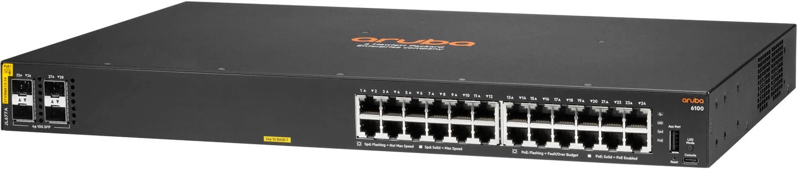 سوئیچ 24 پورت گیگابیتی Aruba 6100 با SFP+، ظرفیت 128 گیگابیت بر ثانیه، نرخ 95.2 مگاپیکسل در ثانیه، توان 65 وات x2، 4 اسلات 10G SFP+، مشکی | JL678A سوئیچ 24 پورت گیگابیتی Aruba 6100 با SFP+، ظرفیت 128 گیگابیت بر ثانیه، نرخ 95.2 مگاپیکسل در ثانیه، توان 65 وات x2، 4 اسلات 10G SFP+، مشکی | JL678A