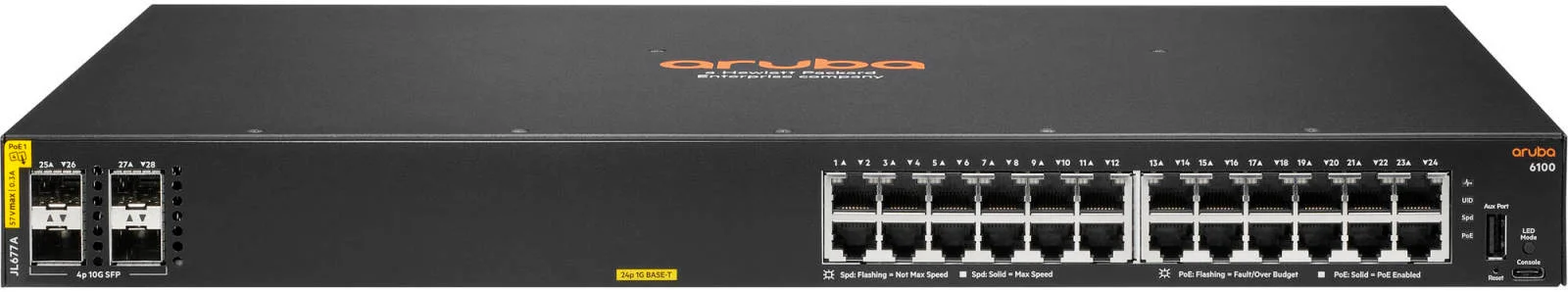 سوئیچ 24 پورت گیگابیتی Aruba 6100 با SFP+، ظرفیت 128 گیگابیت بر ثانیه، نرخ 95.2 مگاپیکسل در ثانیه، توان 65 وات x2، 4 اسلات 10G SFP+، مشکی | JL678A سوئیچ 24 پورت گیگابیتی Aruba 6100 با SFP+، ظرفیت 128 گیگابیت بر ثانیه، نرخ 95.2 مگاپیکسل در ثانیه، توان 65 وات x2، 4 اسلات 10G SFP+، مشکی | JL678A