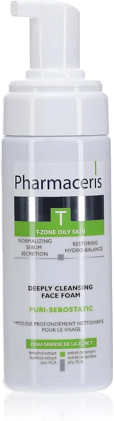فوم پاک کننده عمقی صورت فارماسریز سری T-Zone Puri‑Sebostatic، ۱۵۰ میلی لیتر - فوم بدون صابون حاوی عصاره تمبر هندی، بابا آدم، زینک PCA و موم انبه برای پوست های چرب و مستعد جوش