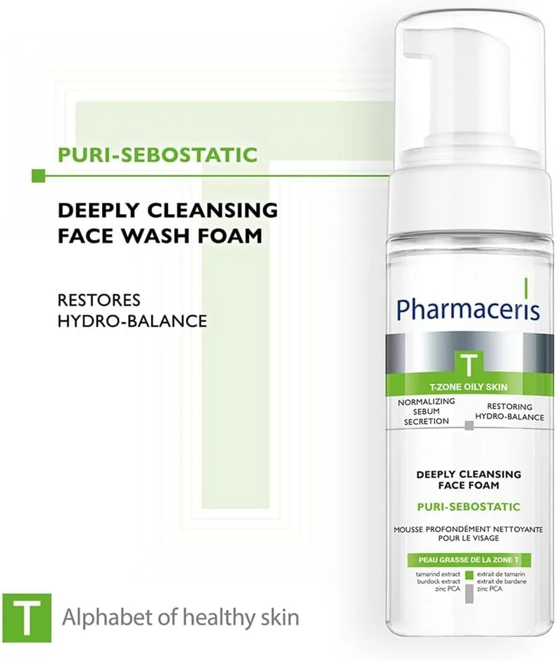 فوم پاک کننده عمقی صورت فارماسریز سری T-Zone Puri‑Sebostatic، ۱۵۰ میلی لیتر - فوم بدون صابون حاوی عصاره تمبر هندی، بابا آدم، زینک PCA و موم انبه برای پوست های چرب و مستعد جوش