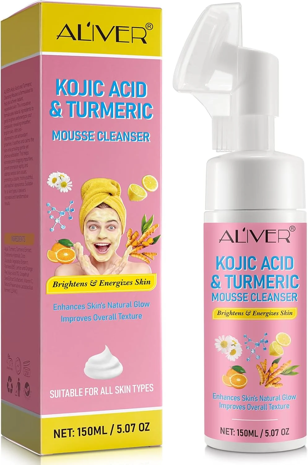 موس پاک کننده صورت حاوی کوجیک اسید و زردچوبه آلیور، فوم پاک کننده ملایم صورت با زردچوبه تسکین دهنده، شوینده ملایم صورت برای پوست های مستعد آکنه