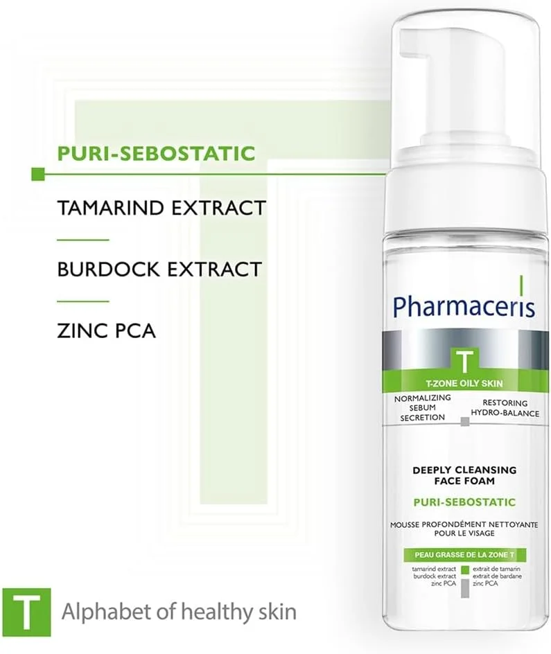 فوم پاک کننده عمقی صورت فارماسریز سری T-Zone Puri‑Sebostatic، ۱۵۰ میلی لیتر - فوم بدون صابون حاوی عصاره تمبر هندی، بابا آدم، زینک PCA و موم انبه برای پوست های چرب و مستعد جوش