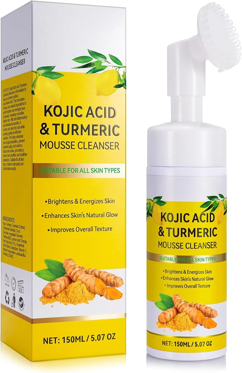 موس پاک کننده صورت با کوجیک اسید و زردچوبه آلیور 150 میلی لیتر، پاک کننده فوم زردچوبه، لایه برداری ملایم و موثر، پاک کننده عمیق، روشن کننده و مرطوب کننده، مناسب برای انواع پوست