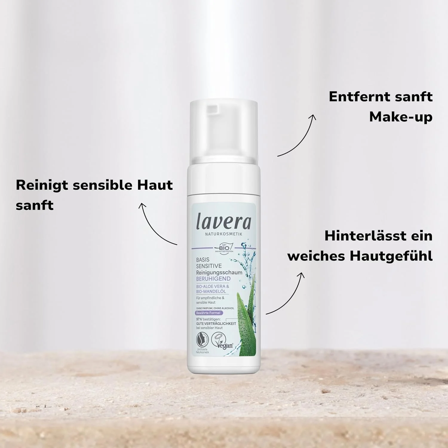 فوم پاک کننده صورت لاورا Basis Sensitiv، لوازم آرایشی طبیعی، وگان، حاوی آلوئه ورا ارگانیک و روغن بادام ارگانیک، پاک کننده صورت، فرمول پاک کننده طبیعی، 1 عدد 150 میلی لیتر