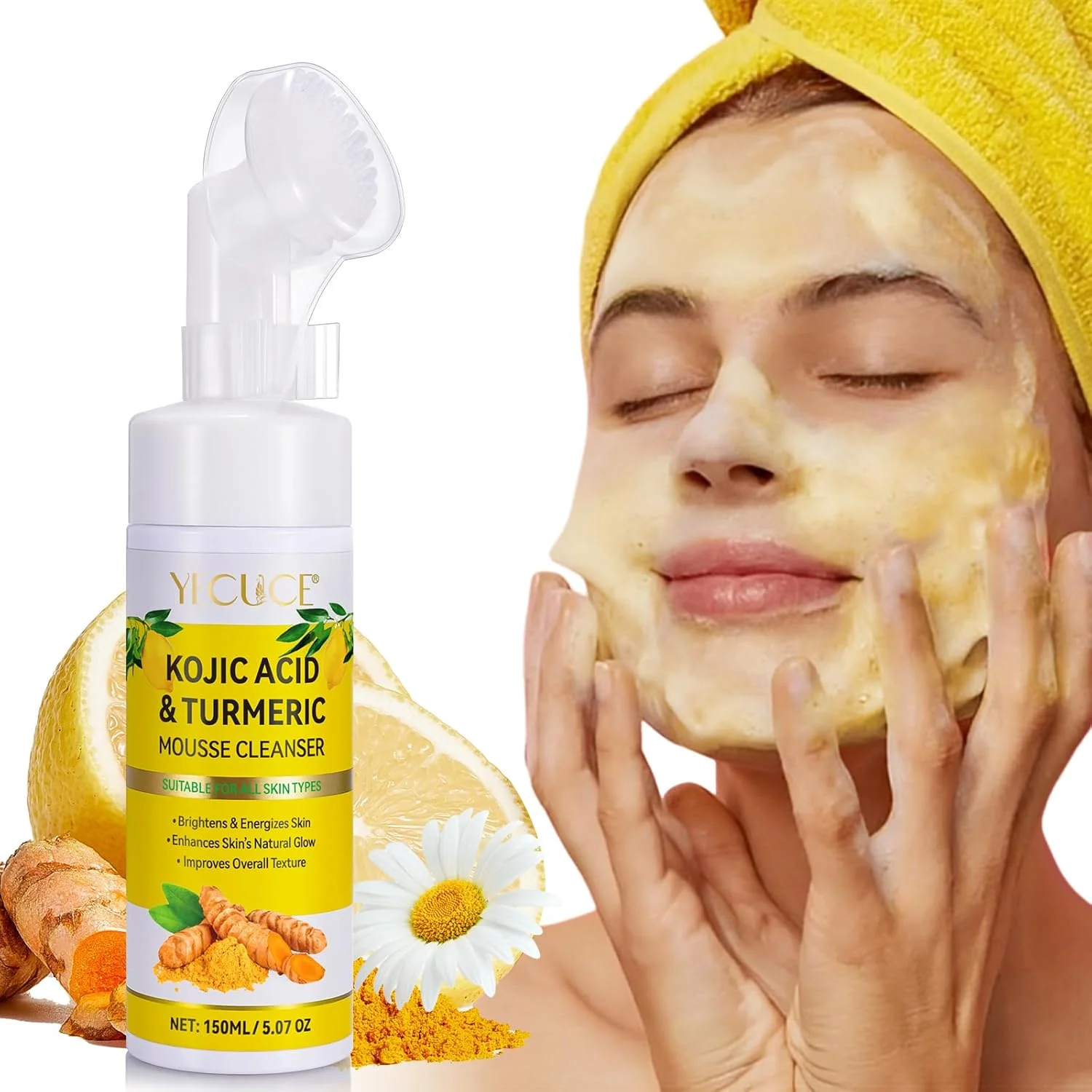 موس پاک کننده صورت با کوجیک اسید و زردچوبه آلیور 150 میلی لیتر، پاک کننده فوم زردچوبه، لایه برداری ملایم و موثر، پاک کننده عمیق، روشن کننده و مرطوب کننده، مناسب برای انواع پوست
