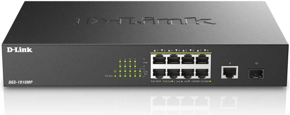 سوئیچ 10 پورت گیگابیتی PoE دی-لینک، ظرفیت سوئیچینگ 20 گیگابیت بر ثانیه، 100 تا 240 ولت AC، بودجه توان PoE 125 وات، فناوری سبز، هشت پورت 10/100/1000 مگابیت بر ثانیه PoE، مشکی | DGS-1010MP