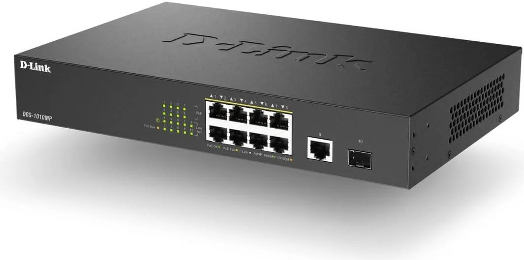 سوئیچ 10 پورت گیگابیتی PoE دی-لینک، ظرفیت سوئیچینگ 20 گیگابیت بر ثانیه، 100 تا 240 ولت AC، بودجه توان PoE 125 وات، فناوری سبز، هشت پورت 10/100/1000 مگابیت بر ثانیه PoE، مشکی | DGS-1010MP