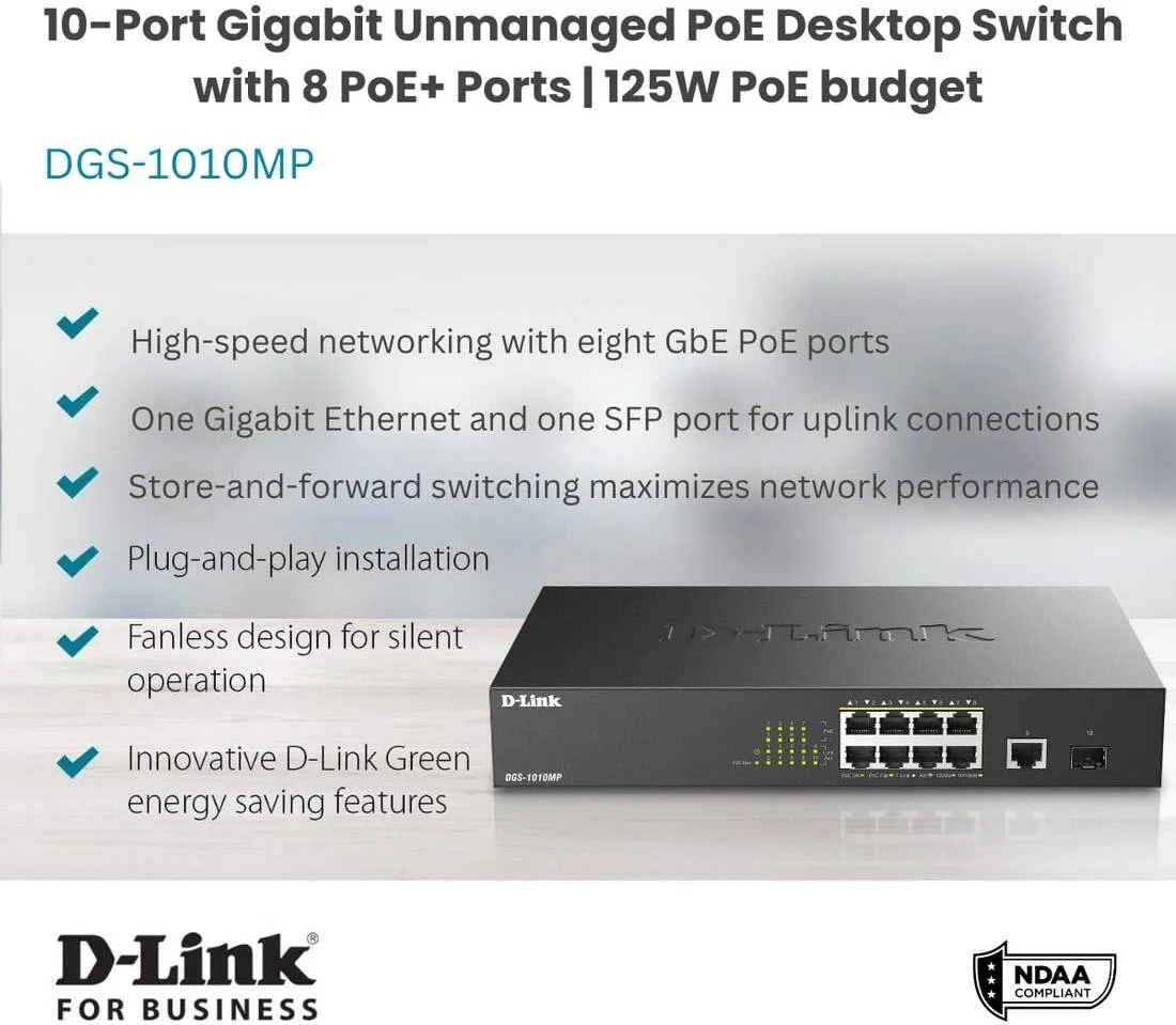 سوئیچ 10 پورت گیگابیتی PoE دی-لینک، ظرفیت سوئیچینگ 20 گیگابیت بر ثانیه، 100 تا 240 ولت AC، بودجه توان PoE 125 وات، فناوری سبز، هشت پورت 10/100/1000 مگابیت بر ثانیه PoE، مشکی | DGS-1010MP