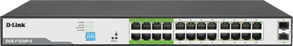 سوئیچ 24 پورت 1000 مگابیتی D-Link 250M PoE با 2 پورت SFP، IEEE 802.3af/at POE، بودجه کل توان 250 وات، نصب آسان | DGS-F1026P-E