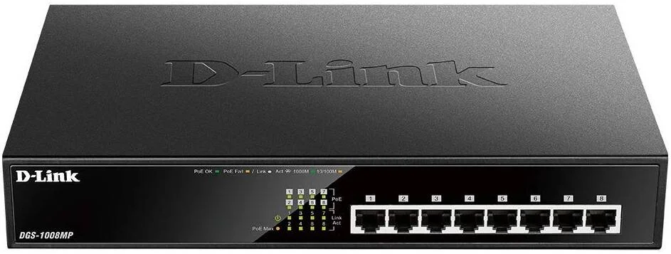 سوئیچ 8 پورت گیگابیتی دسکتاپ D-Link با حداکثر توان PoE، 5 تا 14 پورت، ظرفیت سوئیچینگ 16 گیگابیت بر ثانیه، 8 پورت PoE، فرم فاکتور دسکتاپ قابل نصب در رک، بدنه فلزی، مشکی | DGS-1008MP