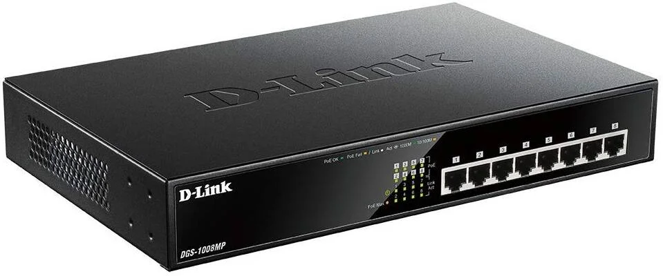 سوئیچ 8 پورت گیگابیتی دسکتاپ D-Link با حداکثر توان PoE، 5 تا 14 پورت، ظرفیت سوئیچینگ 16 گیگابیت بر ثانیه، 8 پورت PoE، فرم فاکتور دسکتاپ قابل نصب در رک، بدنه فلزی، مشکی | DGS-1008MP