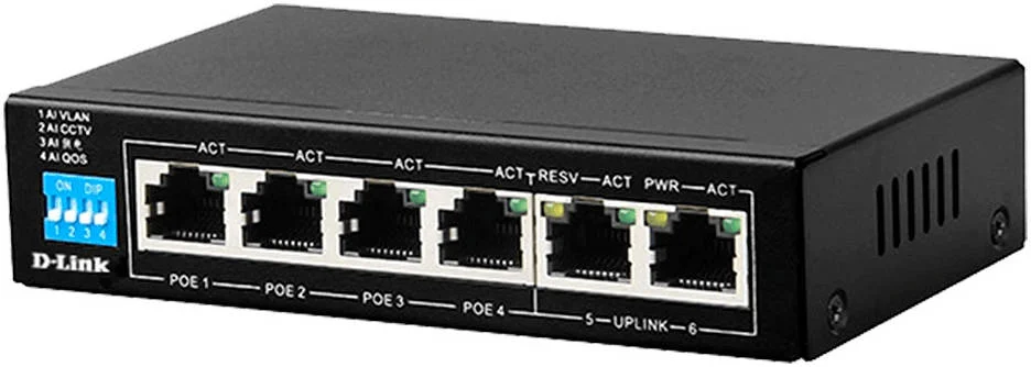 سوئیچ 6 پورت PoE دی-لینک DES-F1006P-E، 10/100 مگابیت بر ثانیه، حداکثر فاصله 250 متر، QoS، دارای 4 پورت اترنت سریع، 2 پورت Uplink | DES-F1006P-E