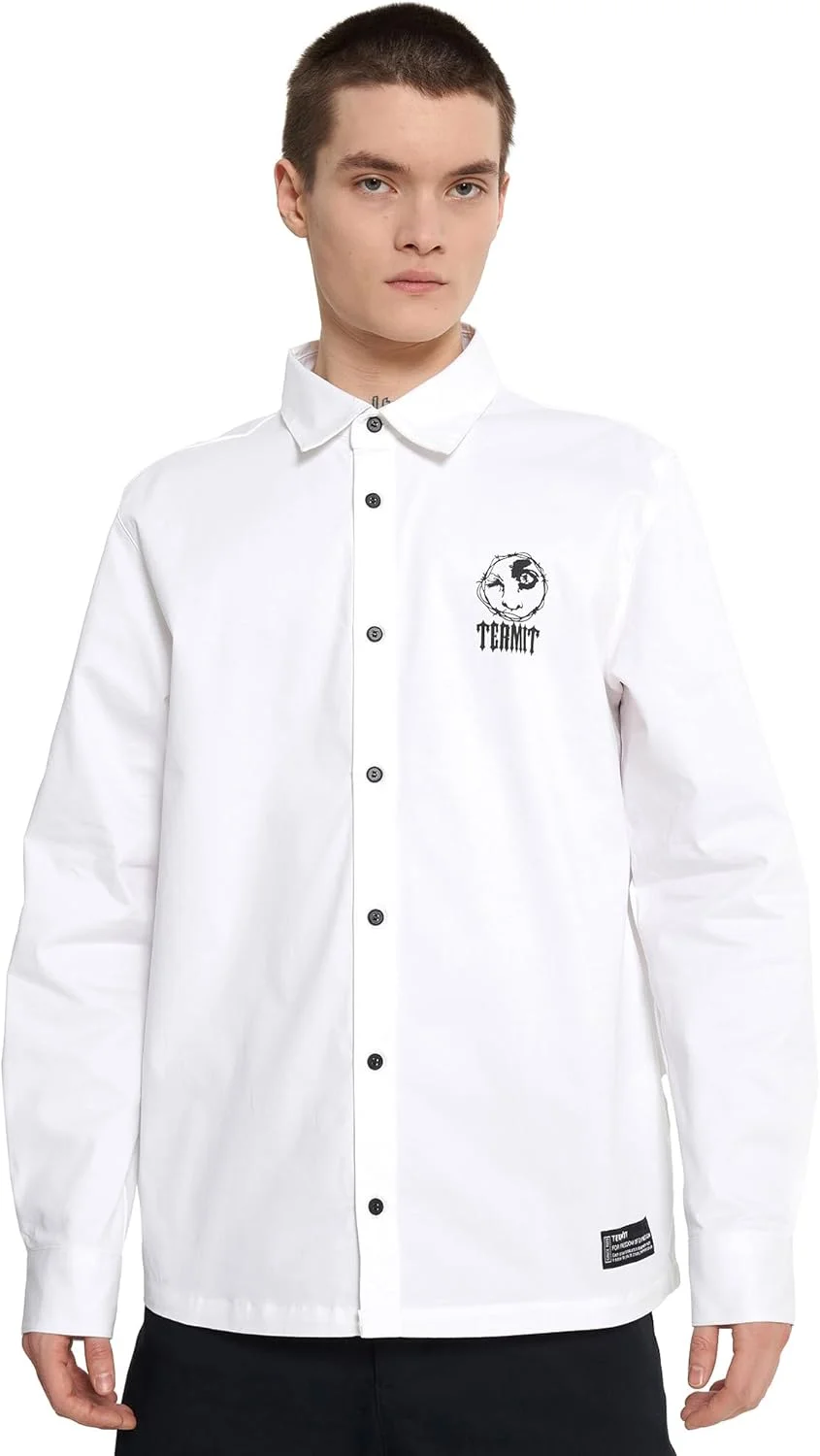 پیراهن مردانه سفید ترمیت – ترکیبی از پنبه نرم، برش آزاد برای راحتی، طرح اصلی برای استایلی جسورانه، پارچه بادوام و تنفس پذیر