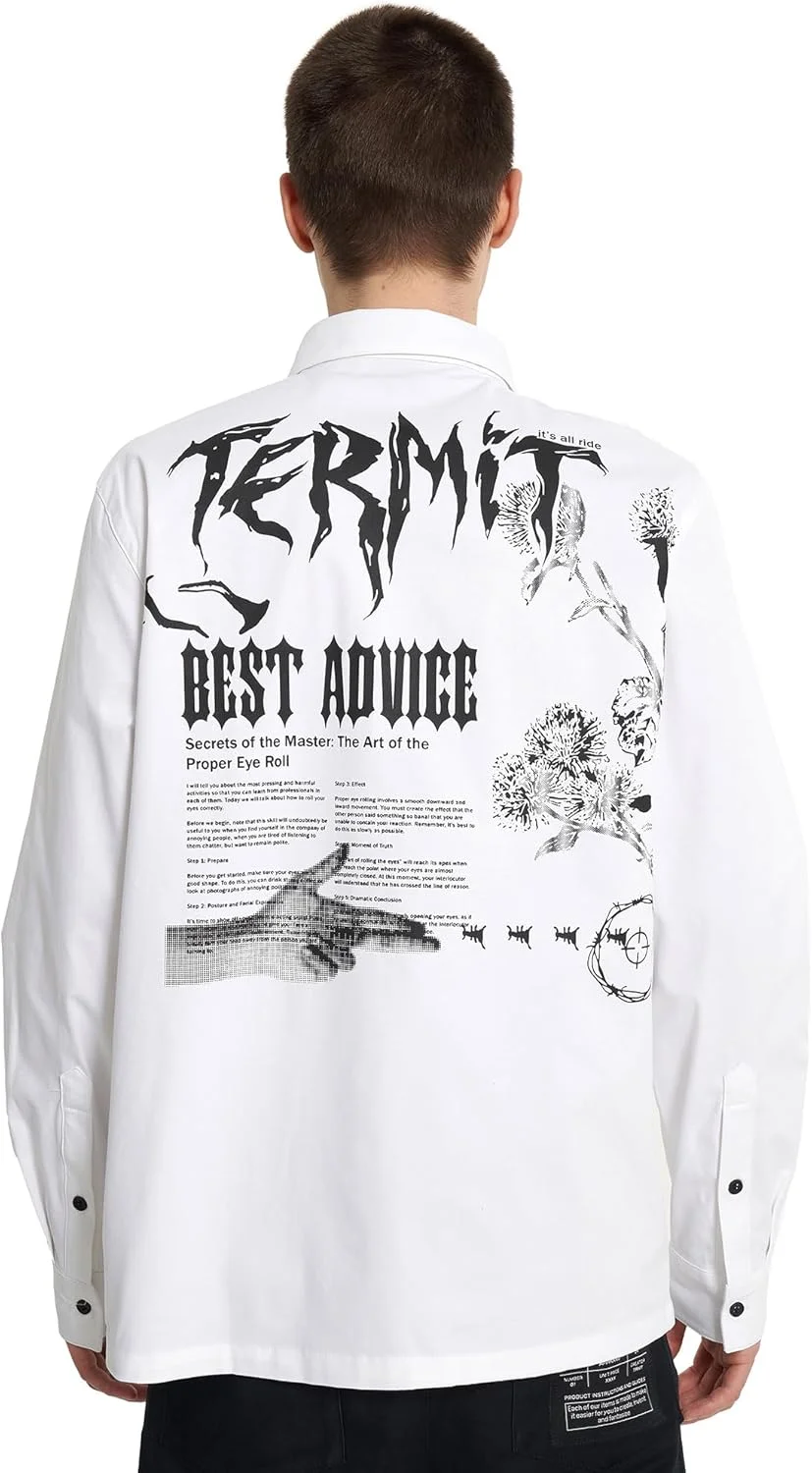 پیراهن مردانه سفید ترمیت – ترکیبی از پنبه نرم، برش آزاد برای راحتی، طرح اصلی برای استایلی جسورانه، پارچه بادوام و تنفس پذیر