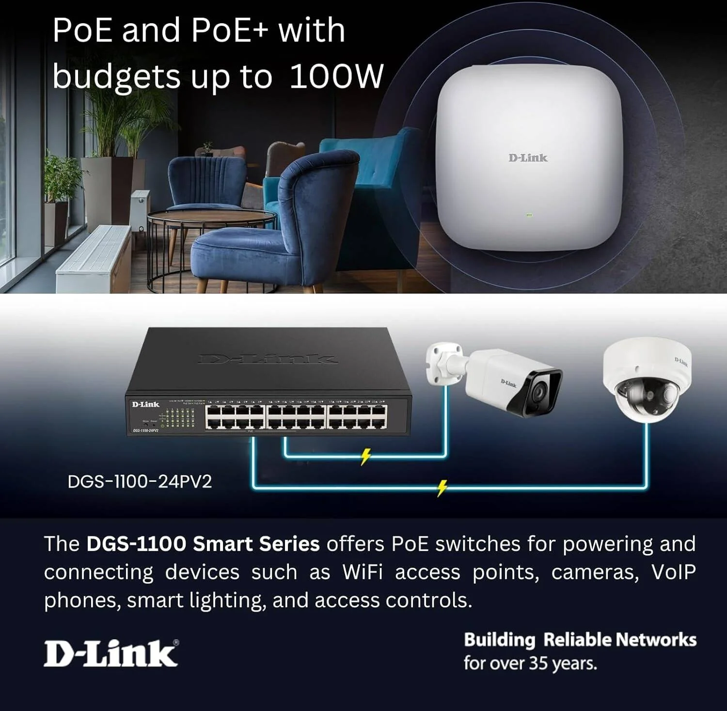 سوئیچ اترنت دی-لینک، سوئیچ گیگابیتی هوشمند و آسان با 24 پورت به همراه 12 پورت PoE+ با بودجه 100 واتی PoE لایه 2 شبکه اینترنت (DGS-1100-24PV2)