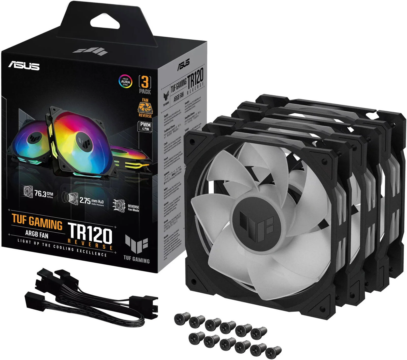 فن معکوس تیغه ایسوس TUF Gaming TR120 ARGB، فن 120 میلی‌متری، سرعت فن 2000 دور در دقیقه، جریان هوای فن 76.3 CFM، نوع بلبرینگ هیدرولیک، AURA Sync، بسته‌ سه تایی، مشکی | 90DA00D0-B09020