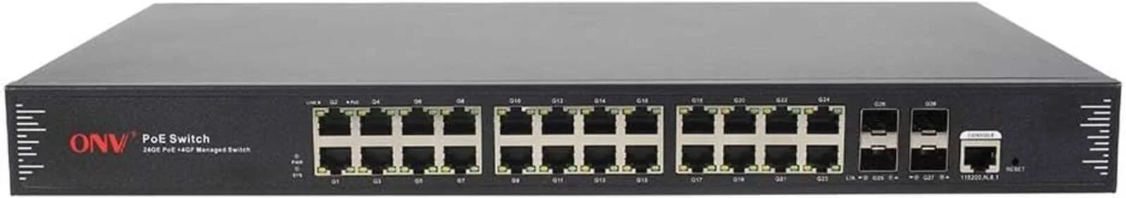 سوئیچ 28 پورت گیگابیتی مدیریتی PoE فیپکا ONV مدل POE33028PFM-at، دارای 24 پورت PoE+ RJ45، 4 پورت آپلینک SFP، استاندارد 802.3af/at، منبع تغذیه 600W، VLAN/QoS/IGMP/ACL، RSTP، مدیریت Web/CLI/SNMP، قابل نصب در رک 1U