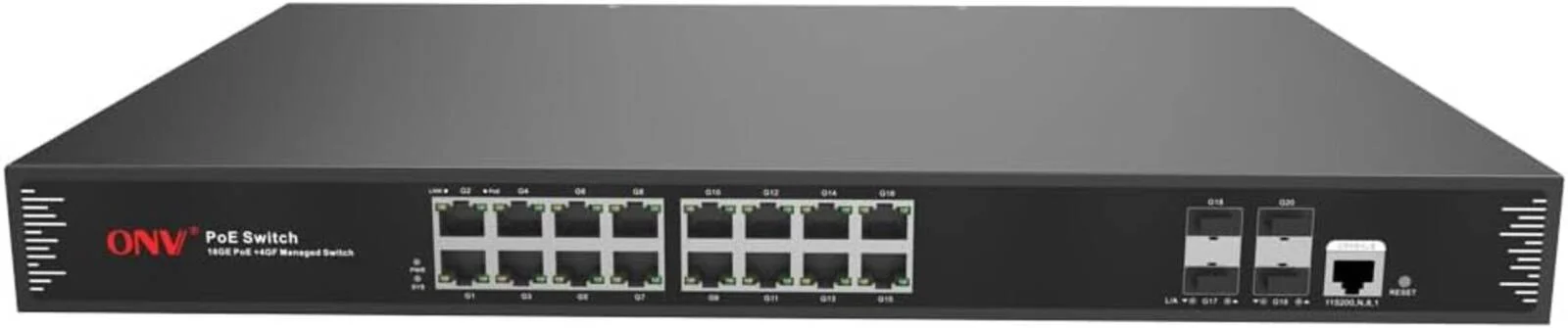 سوئیچ 20 پورت گیگابیتی مدیریتی PoE فیپکا ONV مدل POE33020PFM-at، دارای 16 پورت PoE+ RJ45، 4 پورت آپلینک SFP، استاندارد 802.3af/at، VLAN/QoS/ACL، RSTP، مدیریت از طریق وب/CLI/SNMP/Telnet، قابل نصب در رک 1U، بدنه فولادی 44 سانتی‌متری