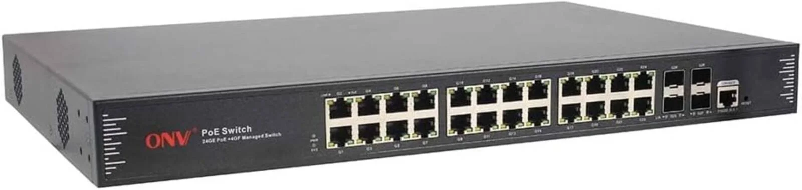 سوئیچ 28 پورت گیگابیتی مدیریتی PoE فیپکا ONV مدل POE33028PFM-at، دارای 24 پورت PoE+ RJ45، 4 پورت آپلینک SFP، استاندارد 802.3af/at، منبع تغذیه 600W، VLAN/QoS/IGMP/ACL، RSTP، مدیریت Web/CLI/SNMP، قابل نصب در رک 1U