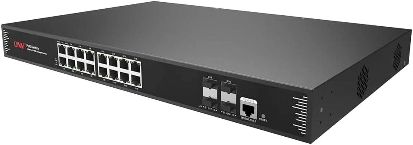 سوئیچ 20 پورت گیگابیتی مدیریتی PoE فیپکا ONV مدل POE33020PFM-at، دارای 16 پورت PoE+ RJ45، 4 پورت آپلینک SFP، استاندارد 802.3af/at، VLAN/QoS/ACL، RSTP، مدیریت از طریق وب/CLI/SNMP/Telnet، قابل نصب در رک 1U، بدنه فولادی 44 سانتی‌متری