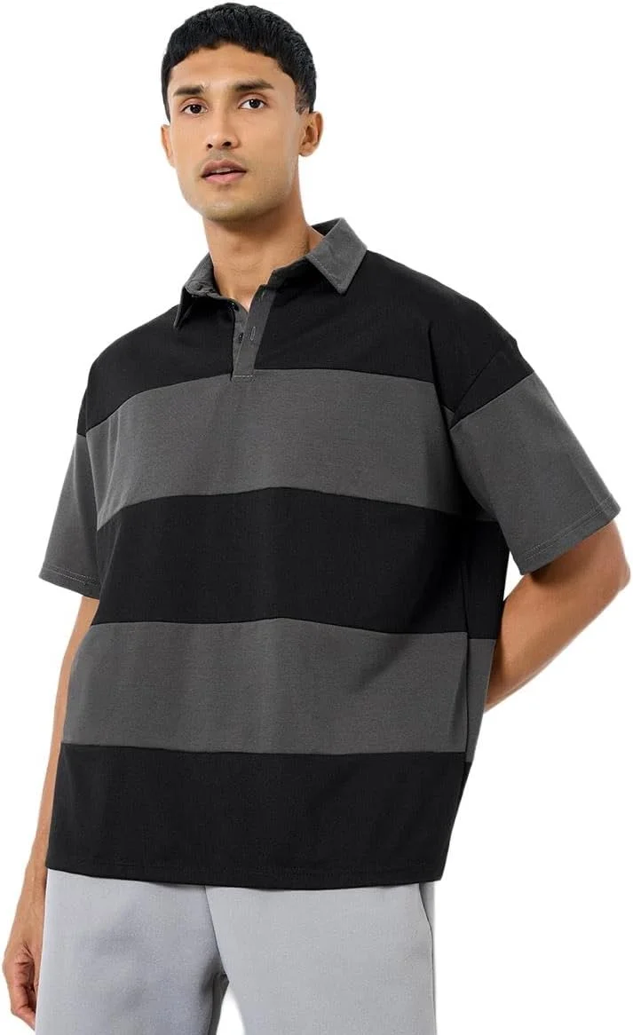 تی شرت پولو مردانه استایلی مشکی راه راه سایز بزرگ