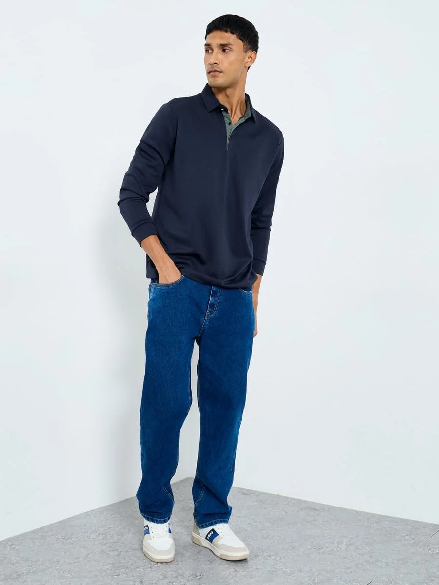 تی شرت پولو آستین بلند مردانه استایلی - سرمه ای