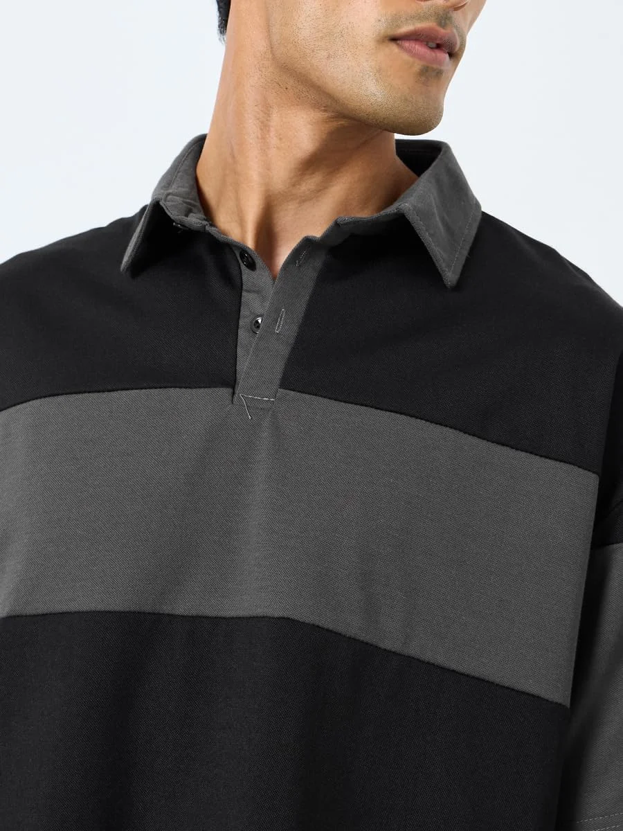 تی شرت پولو مردانه استایلی مشکی راه راه سایز بزرگ