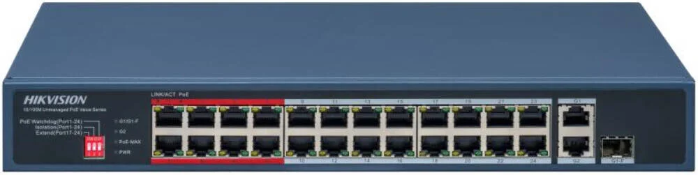 سوئیچ غیر مدیریتی 24 پورت فست اترنت PoE هایک ویژن، 24 پورت PoE با سرعت 10/100 مگابیت بر ثانیه، 1 پورت گیگابیتی RJ45، 1 پورت کمبو گیگابیتی، ظرفیت سوئیچینگ 8.8 گیگابیت بر ثانیه، 4 مگابیت، بدنه فلزی، آبی | DS-3E0326P-E/M(C)