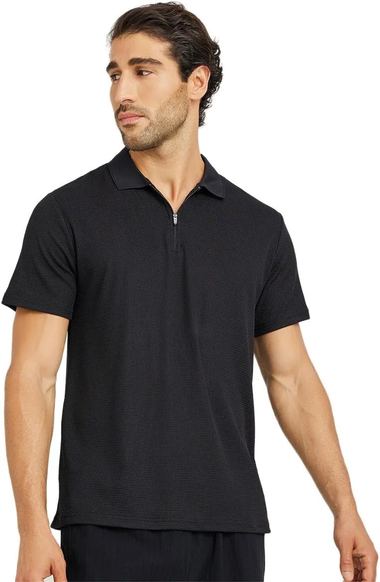 تی شرت پولو مردانه مشکی با بافت زیپی جلوباز STYLI