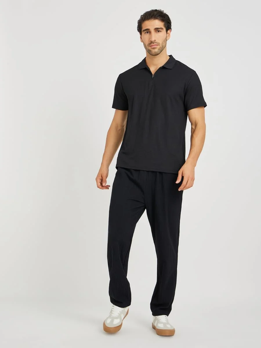 تی شرت پولو مردانه مشکی با بافت زیپی جلوباز STYLI