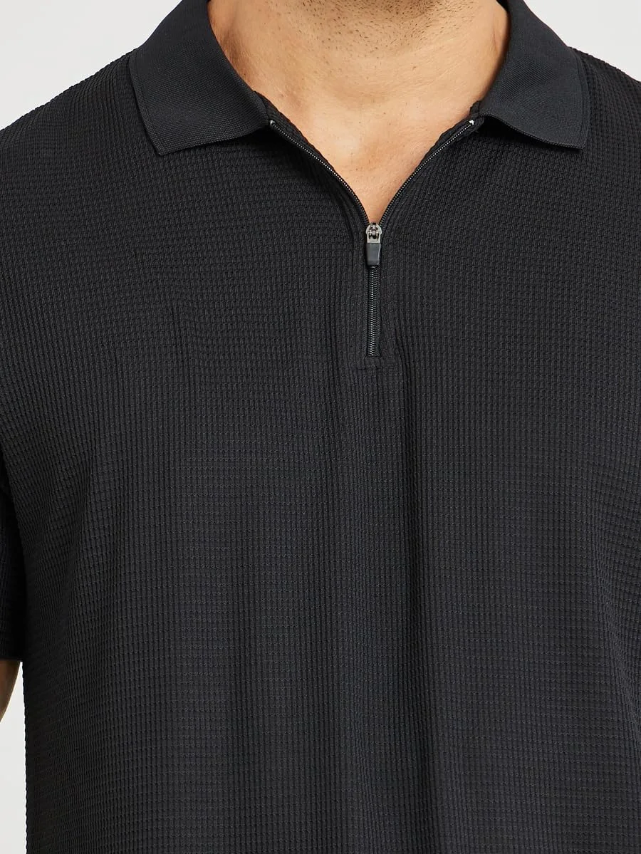 تی شرت پولو مردانه مشکی با بافت زیپی جلوباز STYLI