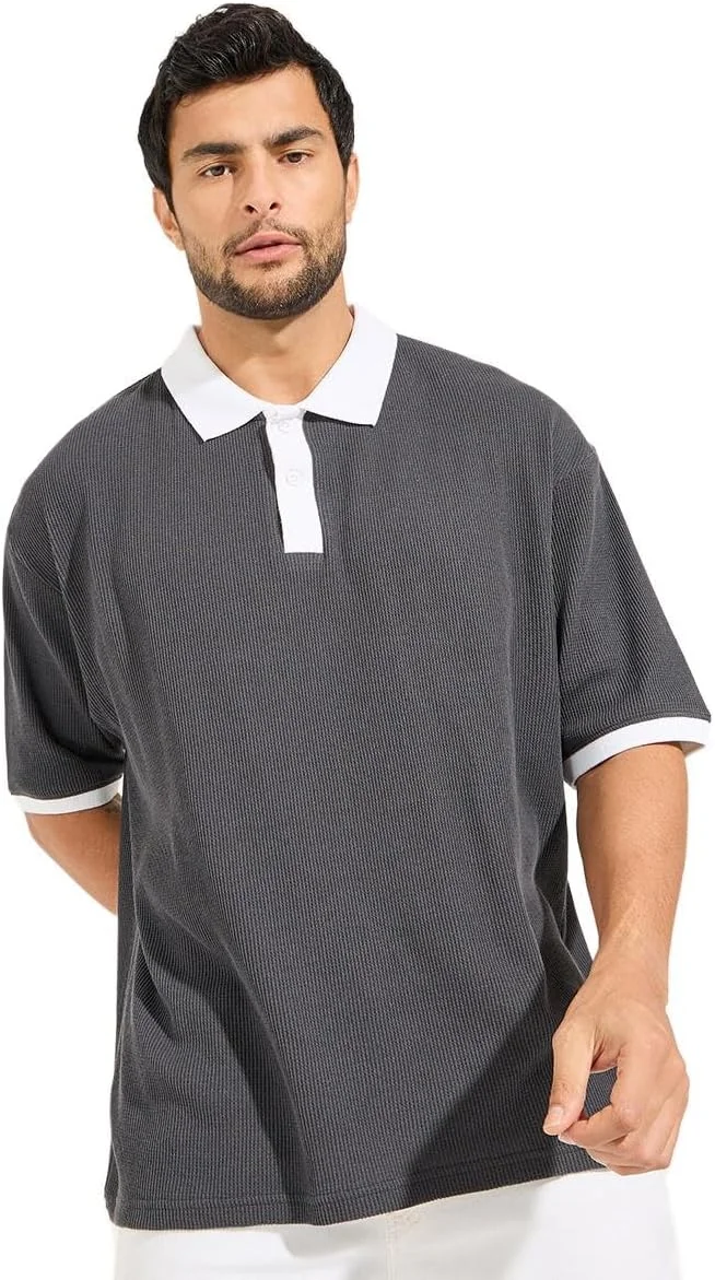پولوشرت مردانه استایلی مدل 7008431714 بافت وافل سایز بزرگ با جزئیات متضاد
