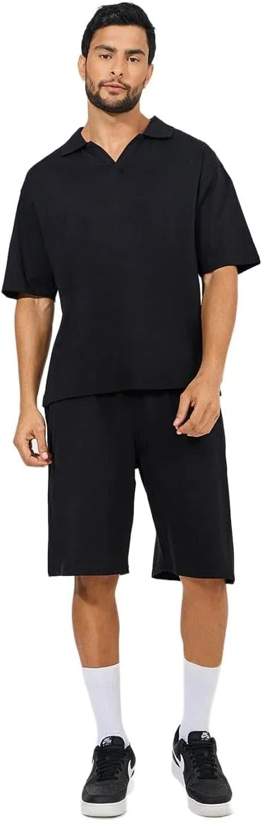 ست تی‌شرت پولو آستین کوتاه و شلوارک مردانه استایلی مدل 7008138301 از جنس پنبه سنگین و طرح بزرگ
