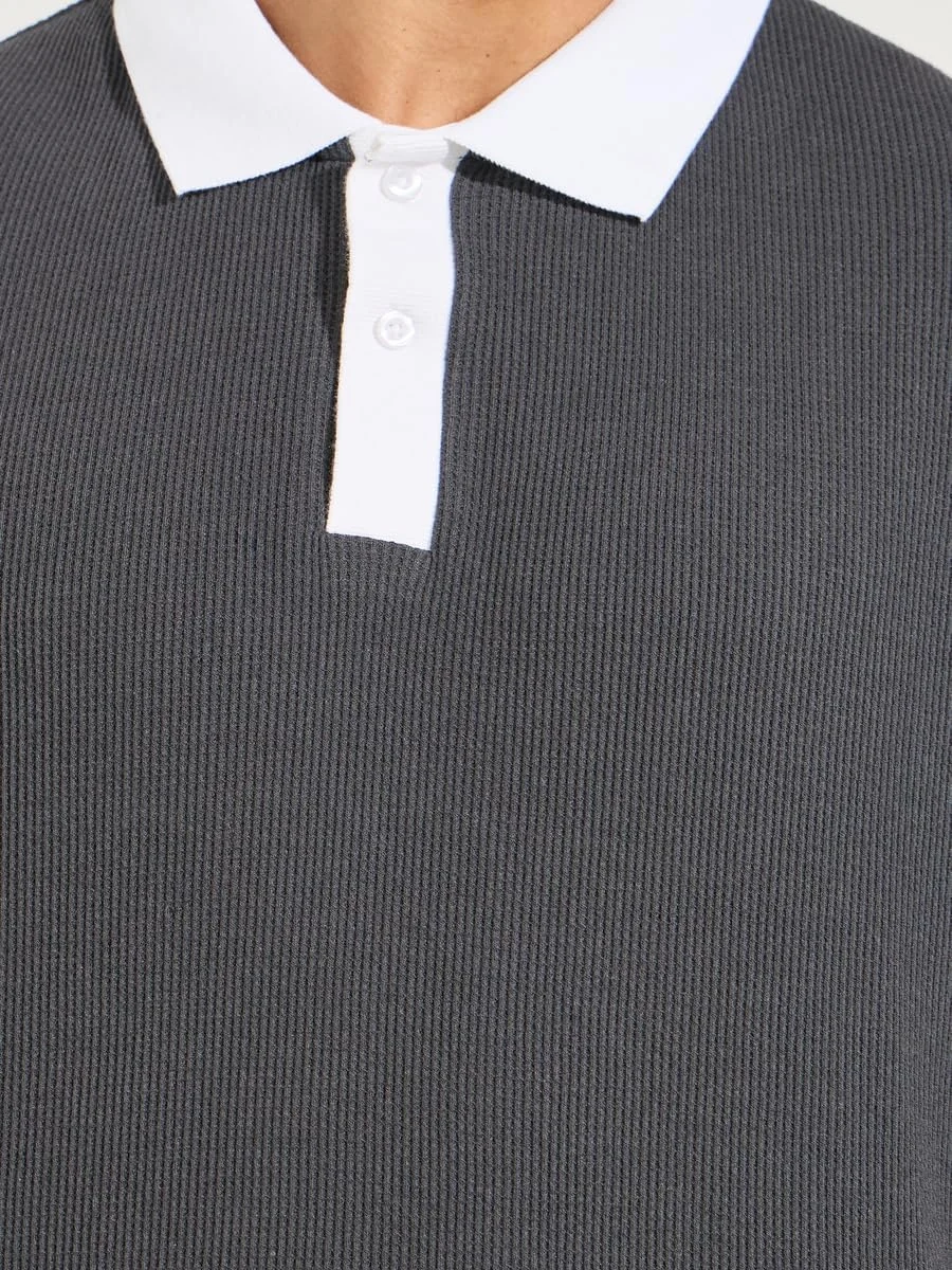 پولوشرت مردانه استایلی مدل 7008431714 بافت وافل سایز بزرگ با جزئیات متضاد